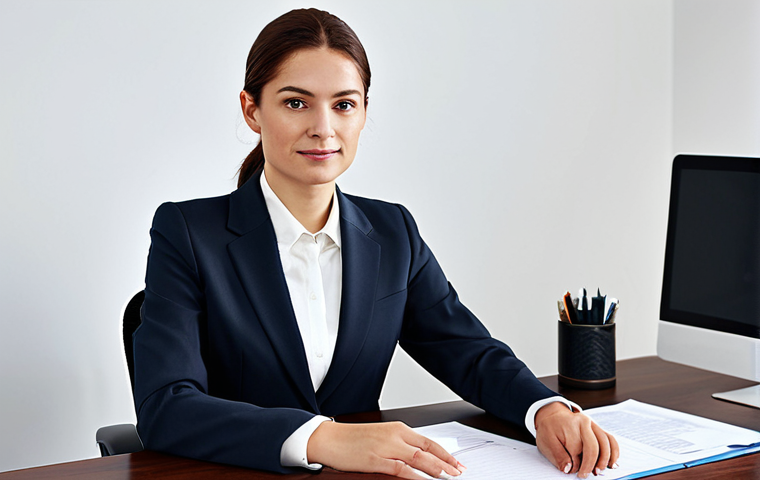 **

A professional businesswoman in a modest business suit, sitting at a desk in a modern office, fully clothed, appropriate attire, safe for work, perfect anatomy, natural proportions, professional photography, high quality.

**