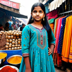 아동용 트렌치코트 스타일 - **

"A young Indian girl, fully clothed in a vibrant salwar kameez, stands in a bustling Delhi marke...