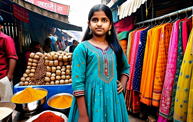 아동용 트렌치코트 스타일 - **

"A young Indian girl, fully clothed in a vibrant salwar kameez, stands in a bustling Delhi marke...